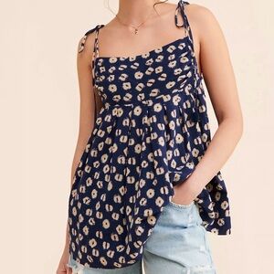 Free People Womens Molly Floral Top XS Navy and Cream
